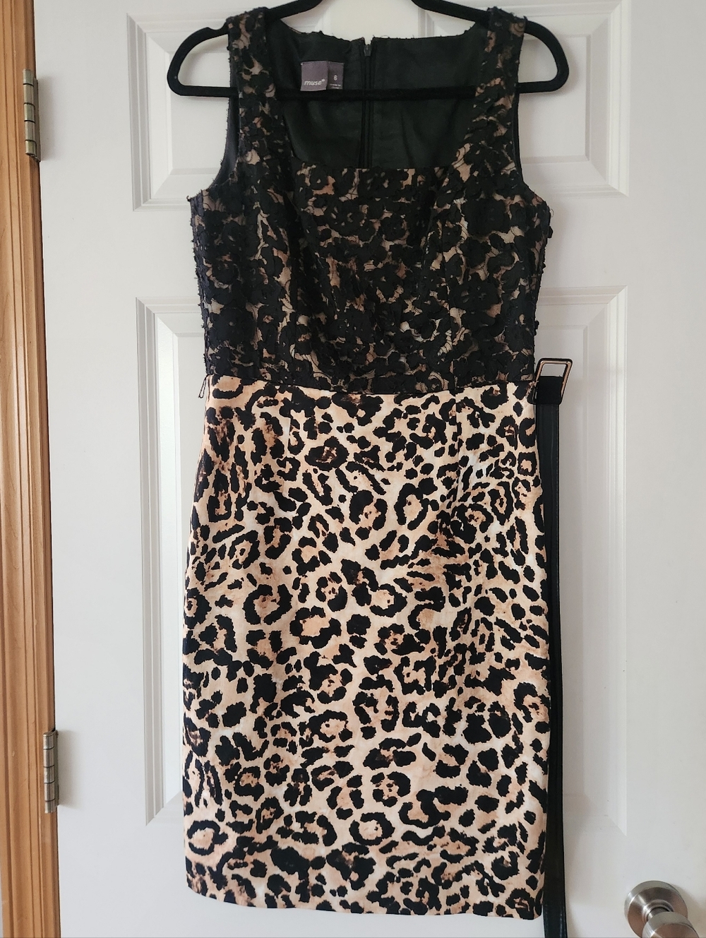 Muse Black Lace & Beige Leopard Mini Dress, Size 6